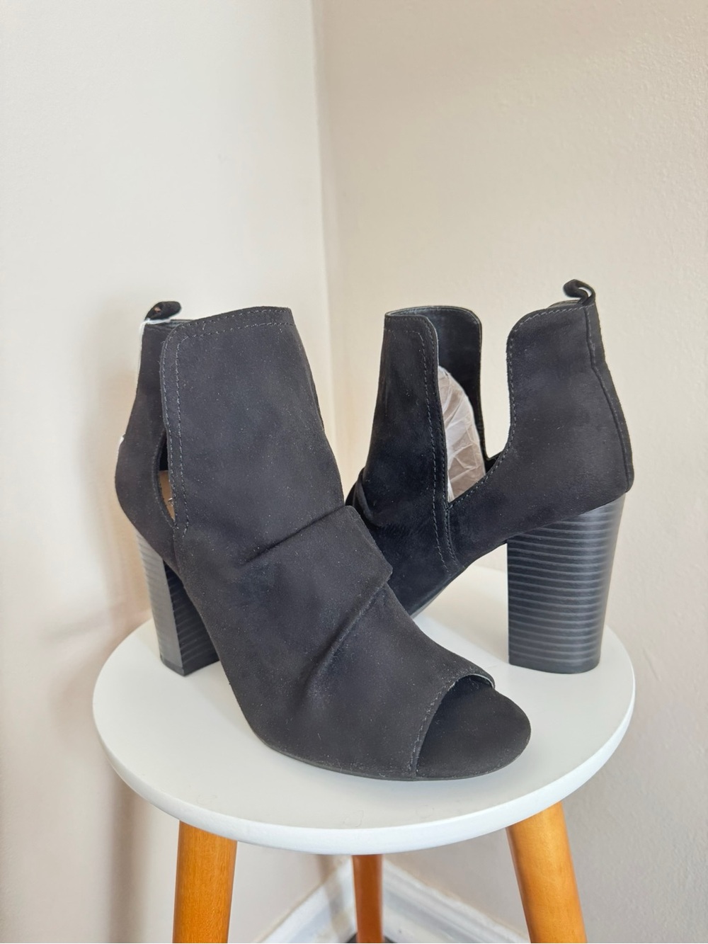 Brash Black Suede Peep-Toe Cutout Block Heel Ankle Boots - Women's